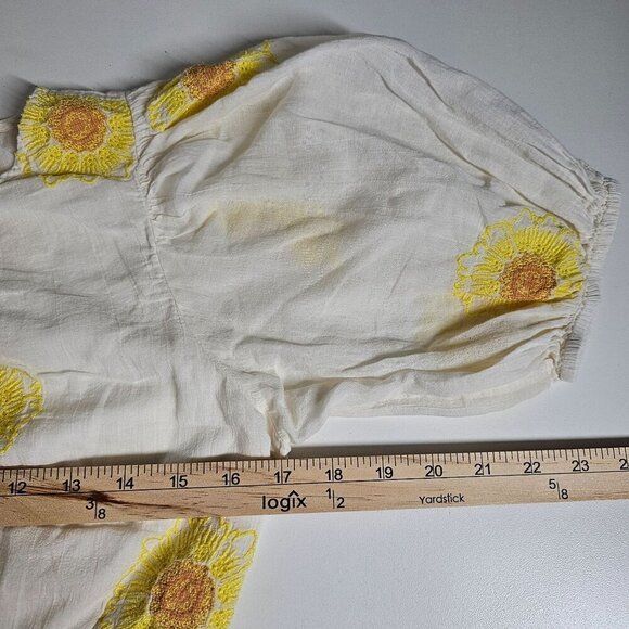 Free People My Girl Embroidered Sunflower Puff-Sleeve Blouse Cotton Ivory S - Picture 12 of 14